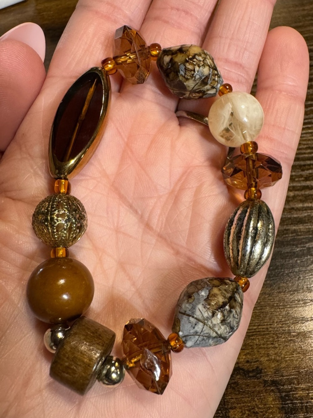 *Boho Mixed Bead Stretch Bracelet Brown Amber Neutral Chunky Statement